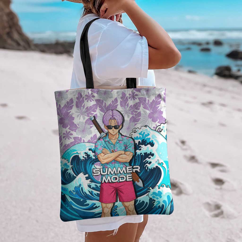 Trunks Dragon Ball Summer Theme Tote Bag with Sword Floral Shirt Sunglasses Shenron and Ocean Wave Background - The Mazicc