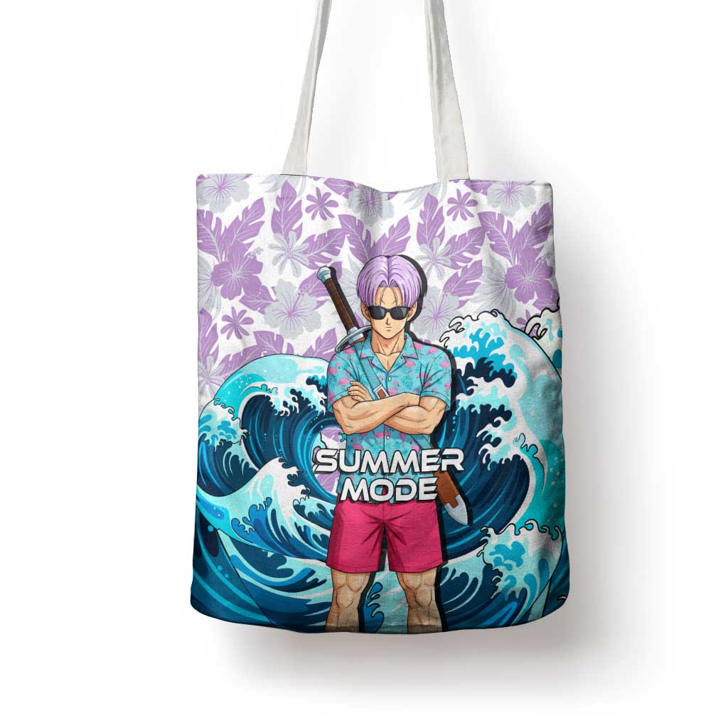 Trunks Dragon Ball Summer Theme Tote Bag with Sword Floral Shirt Sunglasses Shenron and Ocean Wave Background - The Mazicc