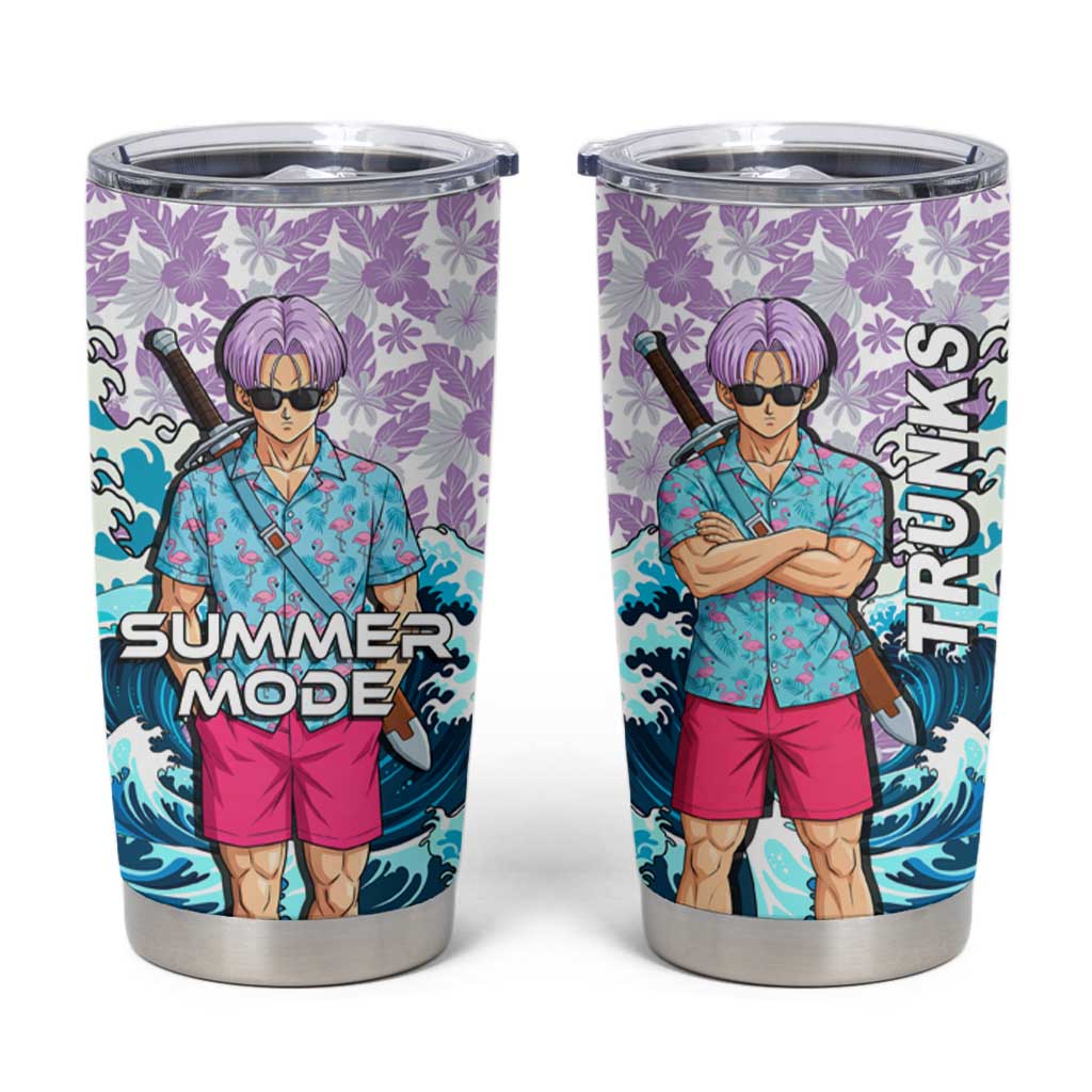 Trunks Dragon Ball Summer Theme Tumbler Cup with Sword Floral Shirt Sunglasses Shenron and Ocean Wave Background - The Mazicc