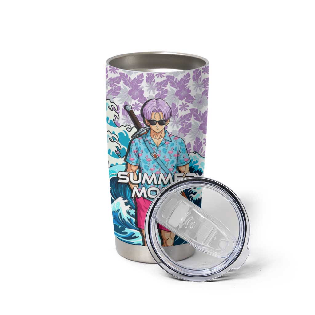 Trunks Dragon Ball Summer Theme Tumbler Cup with Sword Floral Shirt Sunglasses Shenron and Ocean Wave Background - The Mazicc