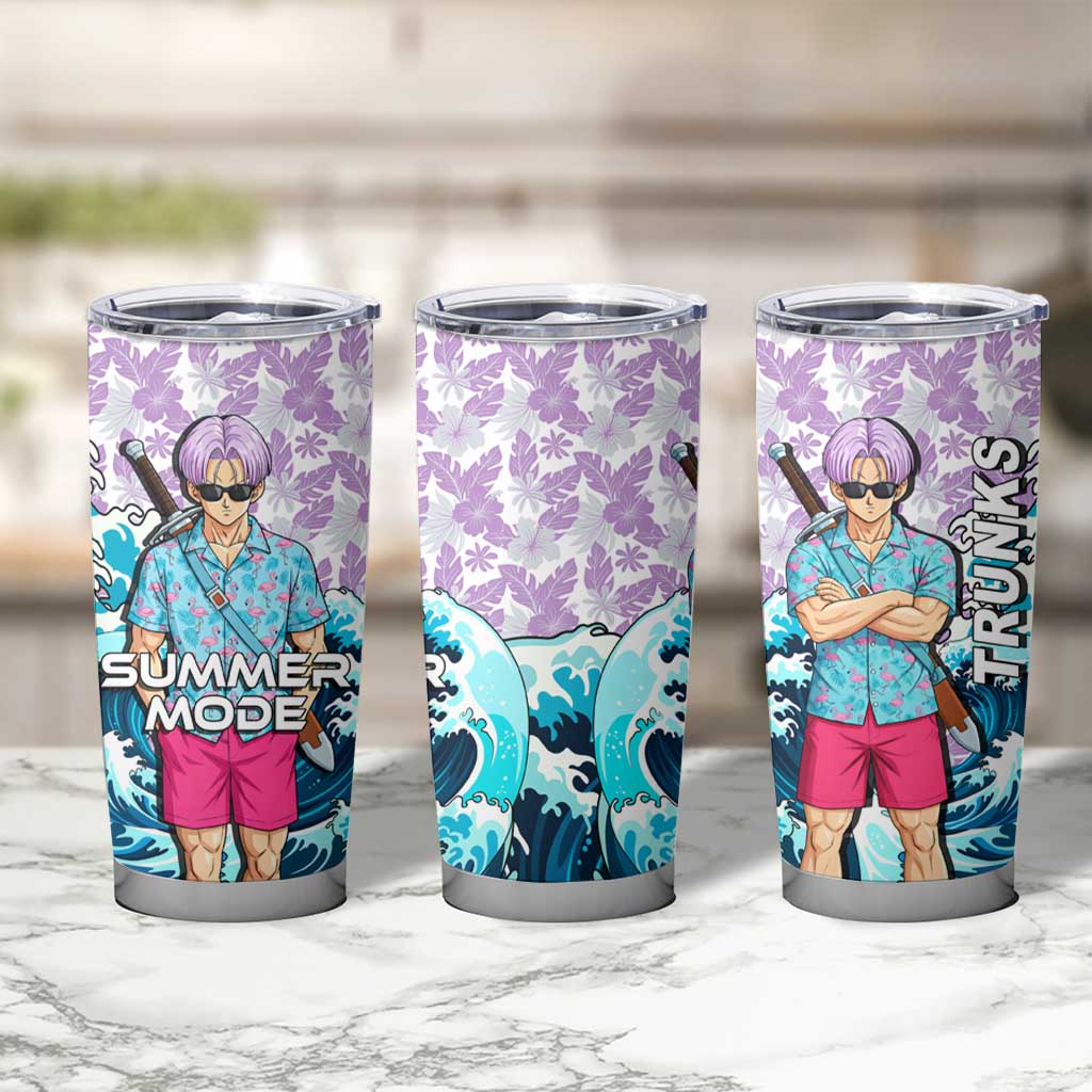 Trunks Dragon Ball Summer Theme Tumbler Cup with Sword Floral Shirt Sunglasses Shenron and Ocean Wave Background - The Mazicc