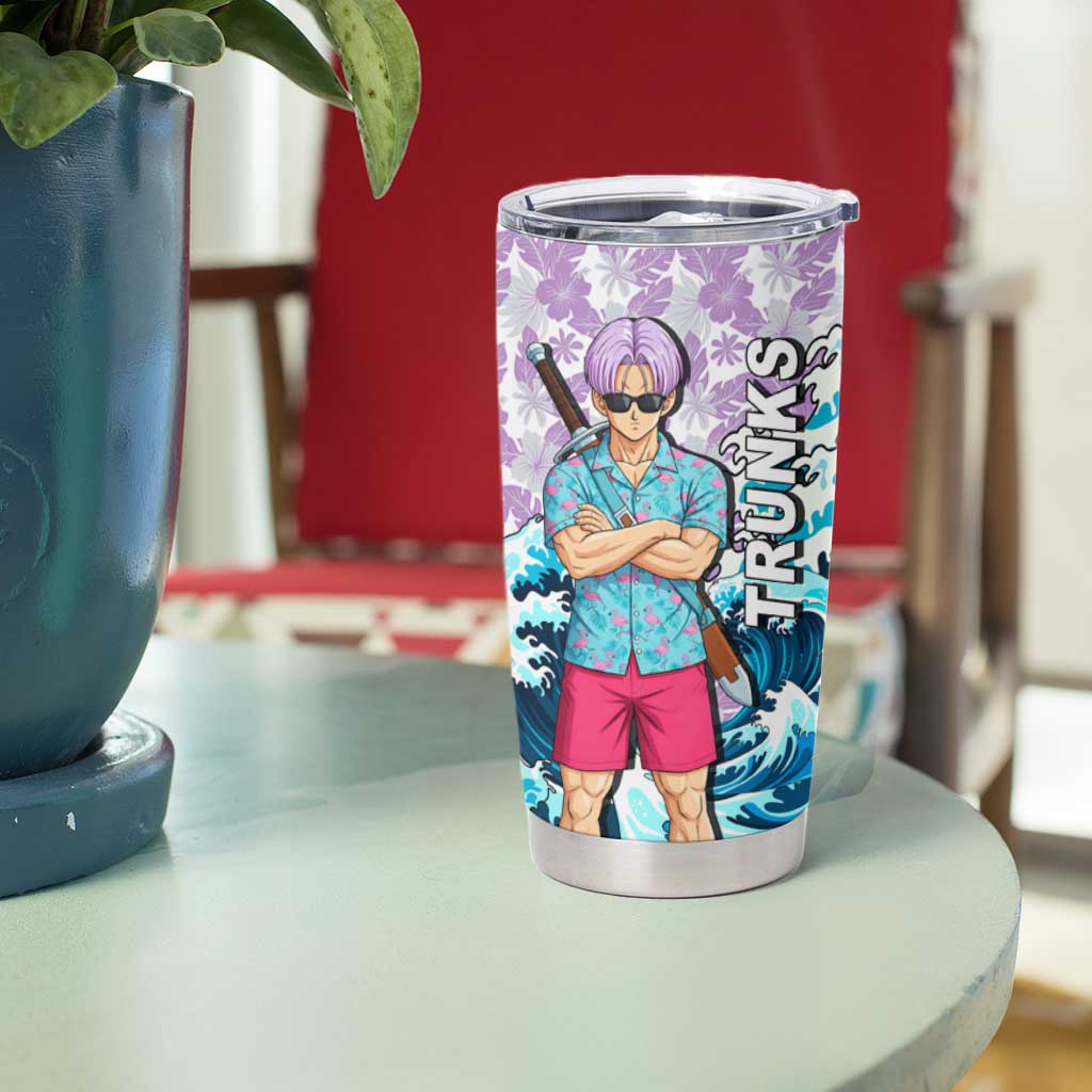 Trunks Dragon Ball Summer Theme Tumbler Cup with Sword Floral Shirt Sunglasses Shenron and Ocean Wave Background - The Mazicc
