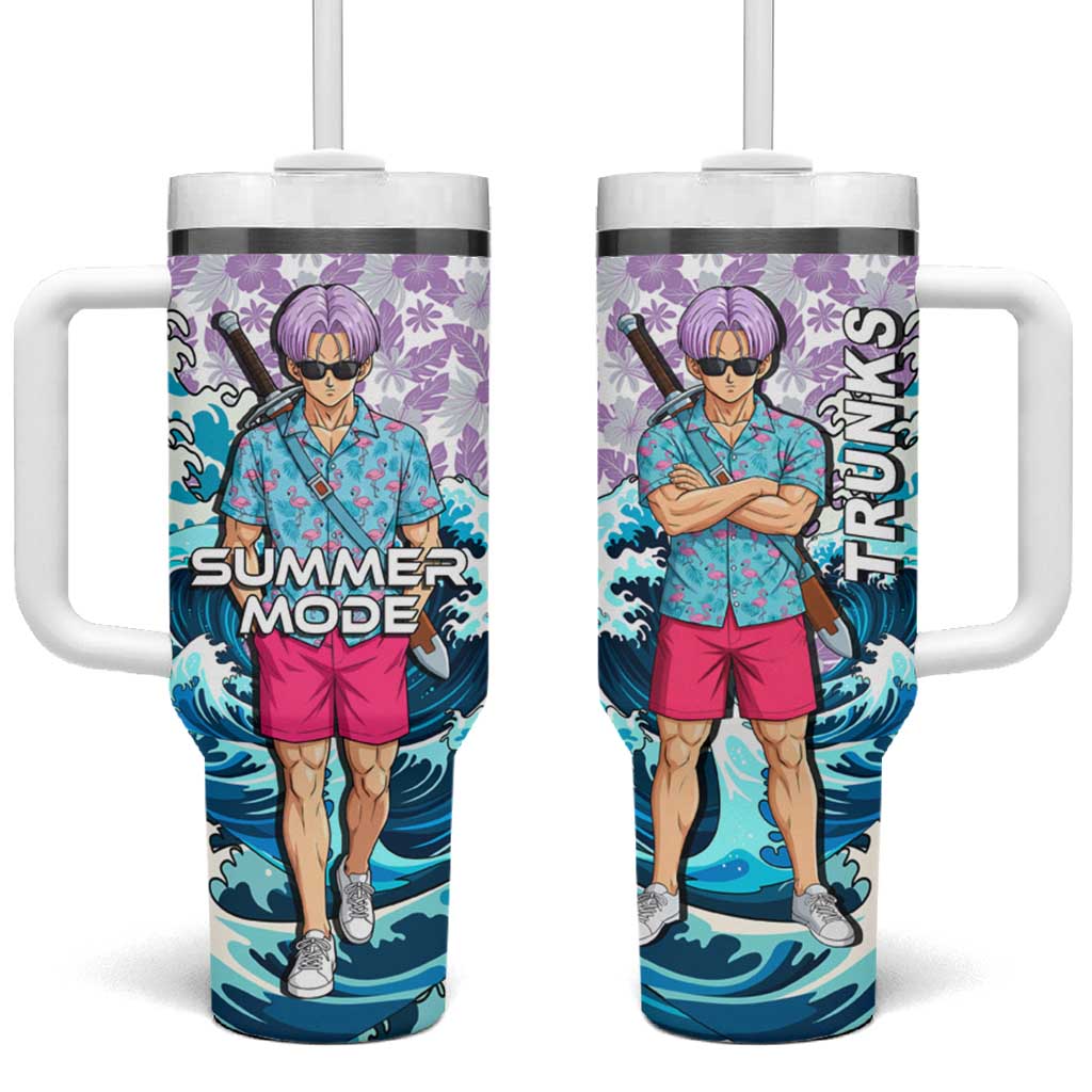 Trunks Dragon Ball Summer Theme Tumbler With Handle with Sword Floral Shirt Sunglasses Shenron and Ocean Wave Background - The Mazicc