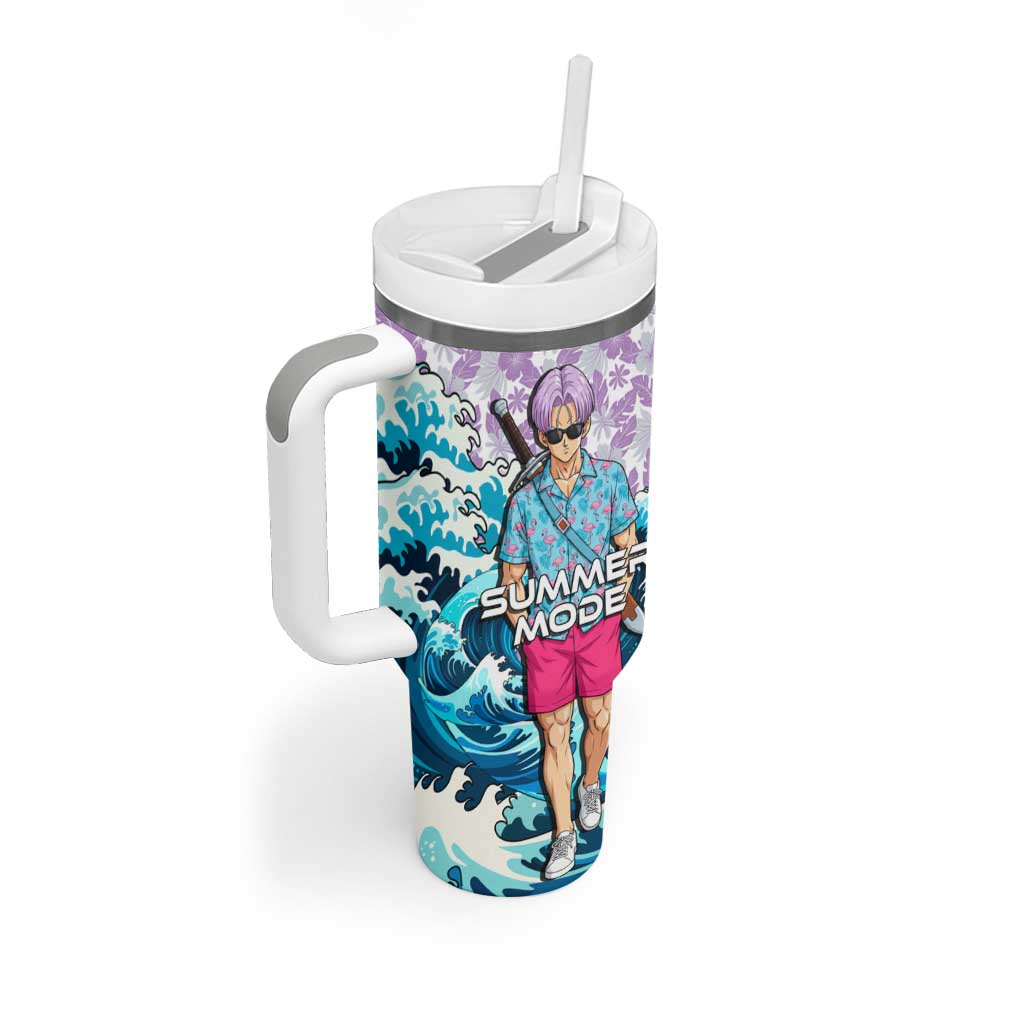 Trunks Dragon Ball Summer Theme Tumbler With Handle with Sword Floral Shirt Sunglasses Shenron and Ocean Wave Background - The Mazicc