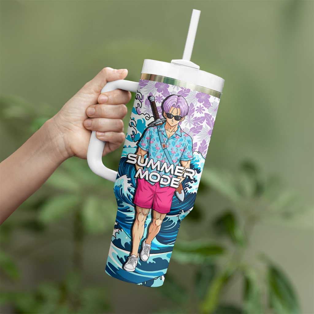 Trunks Dragon Ball Summer Theme Tumbler With Handle with Sword Floral Shirt Sunglasses Shenron and Ocean Wave Background - The Mazicc