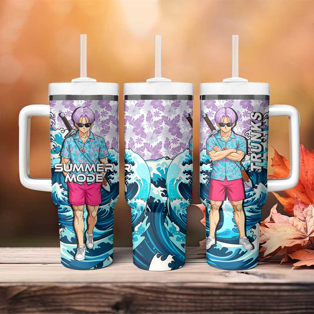 Trunks Dragon Ball Summer Theme Tumbler With Handle with Sword Floral Shirt Sunglasses Shenron and Ocean Wave Background - The Mazicc