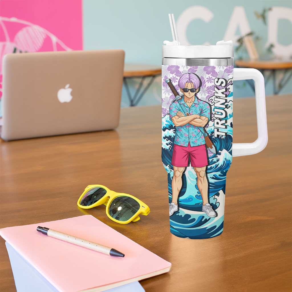 Trunks Dragon Ball Summer Theme Tumbler With Handle with Sword Floral Shirt Sunglasses Shenron and Ocean Wave Background - The Mazicc