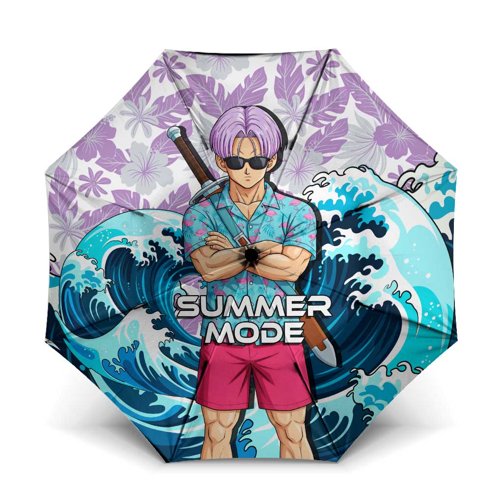 Trunks Dragon Ball Summer Theme Umbrella with Sword Floral Shirt Sunglasses Shenron and Ocean Wave Background - The Mazicc