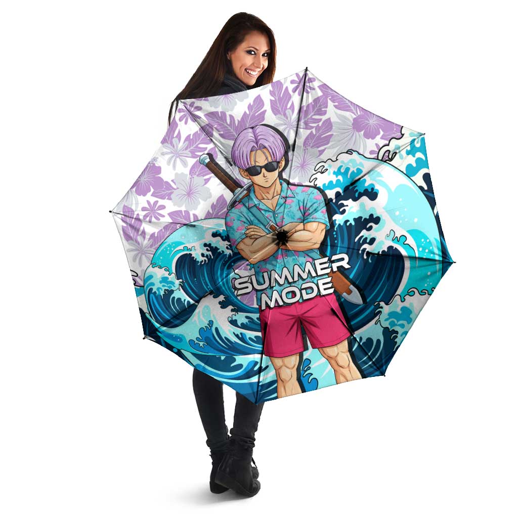Trunks Dragon Ball Summer Theme Umbrella with Sword Floral Shirt Sunglasses Shenron and Ocean Wave Background - The Mazicc