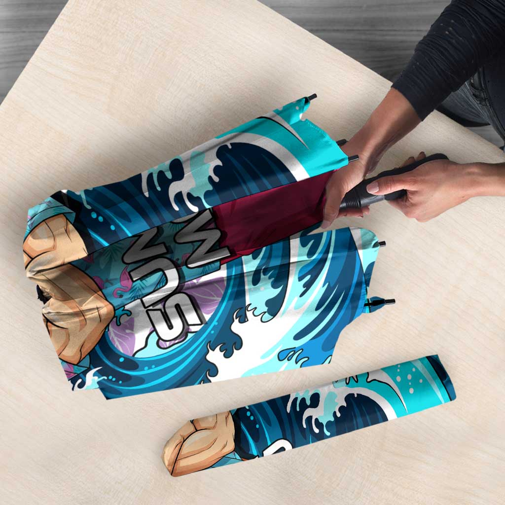 Trunks Dragon Ball Summer Theme Umbrella with Sword Floral Shirt Sunglasses Shenron and Ocean Wave Background - The Mazicc
