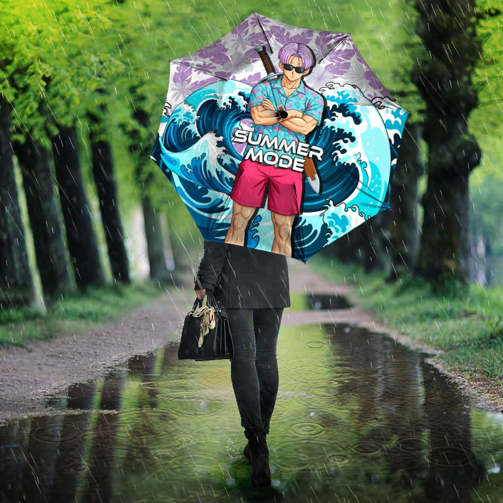 Trunks Dragon Ball Summer Theme Umbrella with Sword Floral Shirt Sunglasses Shenron and Ocean Wave Background - The Mazicc