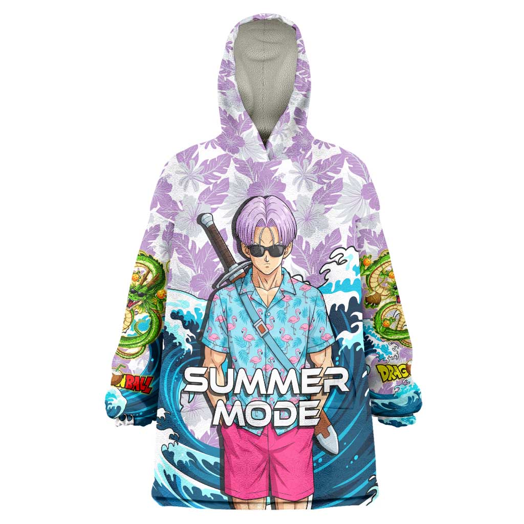 Trunks Dragon Ball Summer Theme Wearable Blanket Hoodie with Sword Floral Shirt Sunglasses Shenron and Ocean Wave Background - The Mazicc