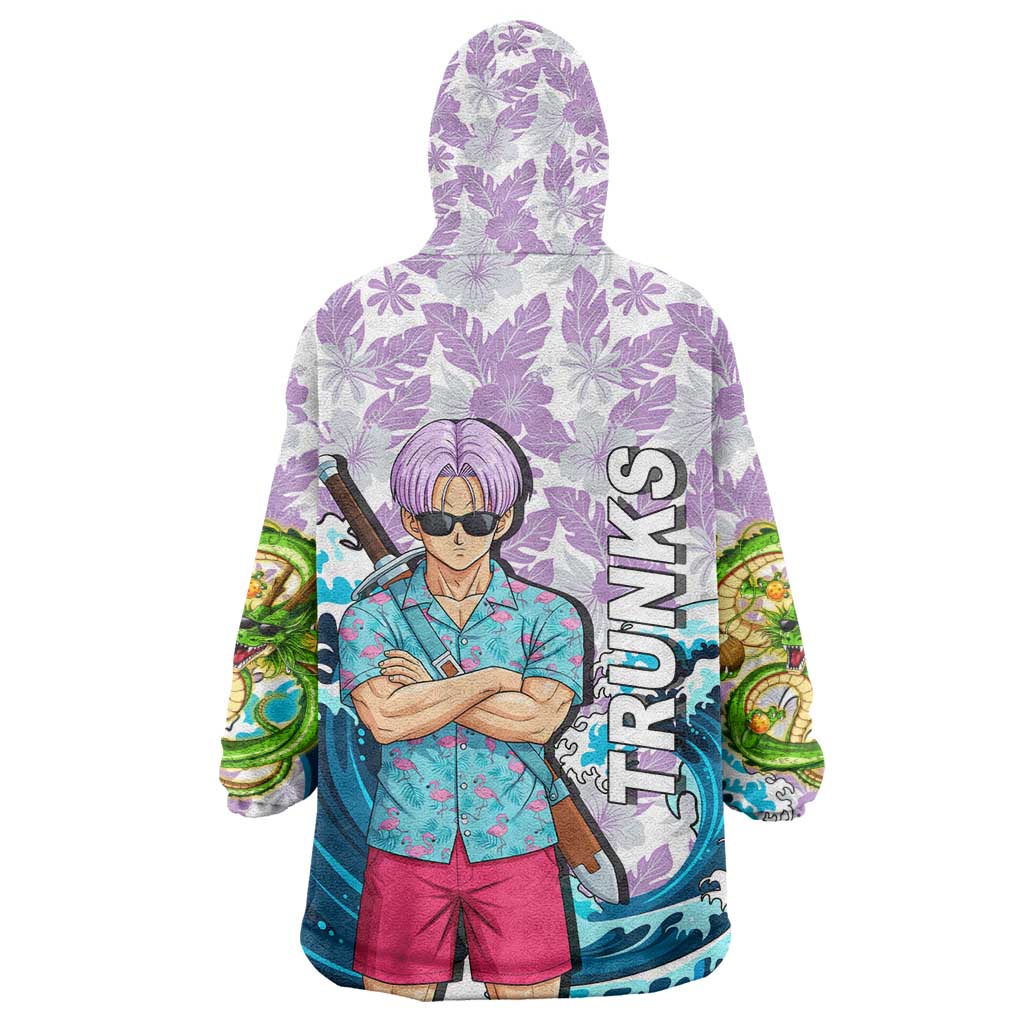 Trunks Dragon Ball Summer Theme Wearable Blanket Hoodie with Sword Floral Shirt Sunglasses Shenron and Ocean Wave Background - The Mazicc