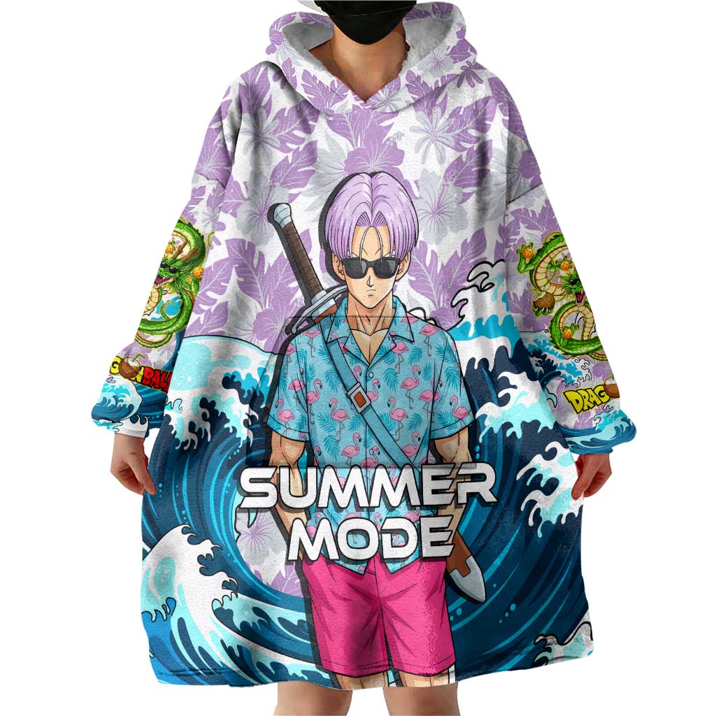 Trunks Dragon Ball Summer Theme Wearable Blanket Hoodie with Sword Floral Shirt Sunglasses Shenron and Ocean Wave Background - The Mazicc