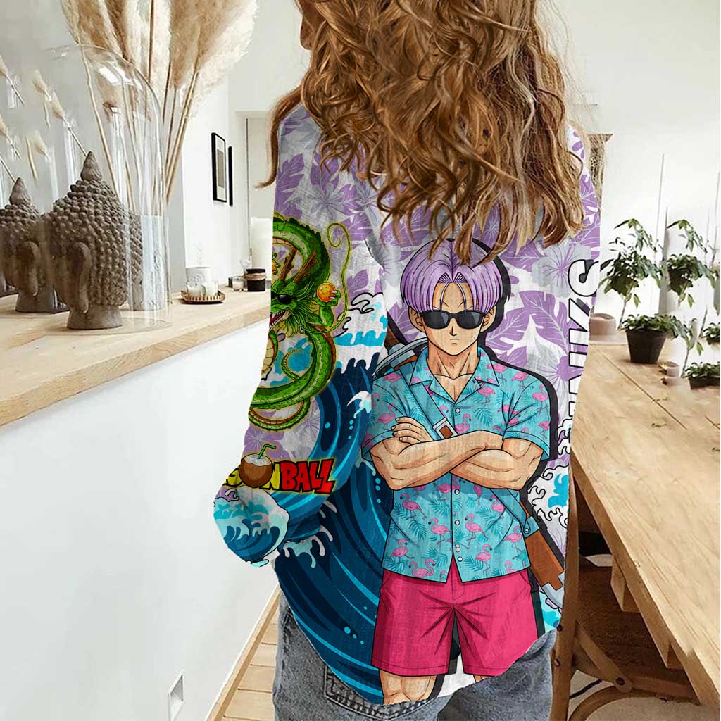 Trunks Dragon Ball Summer Theme Women Casual Shirt with Sword Floral Shirt Sunglasses Shenron and Ocean Wave Background - The Mazicc