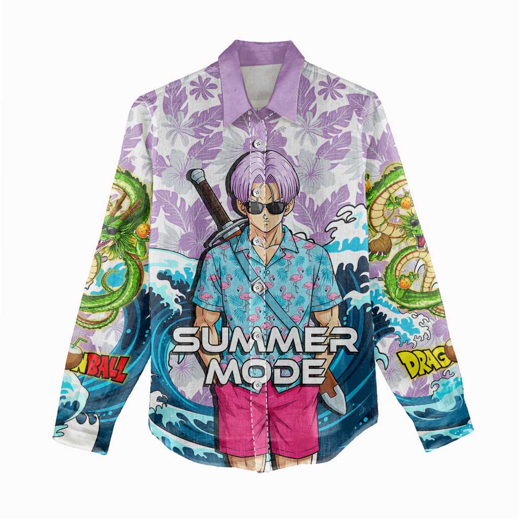 Trunks Dragon Ball Summer Theme Women Casual Shirt with Sword Floral Shirt Sunglasses Shenron and Ocean Wave Background - The Mazicc