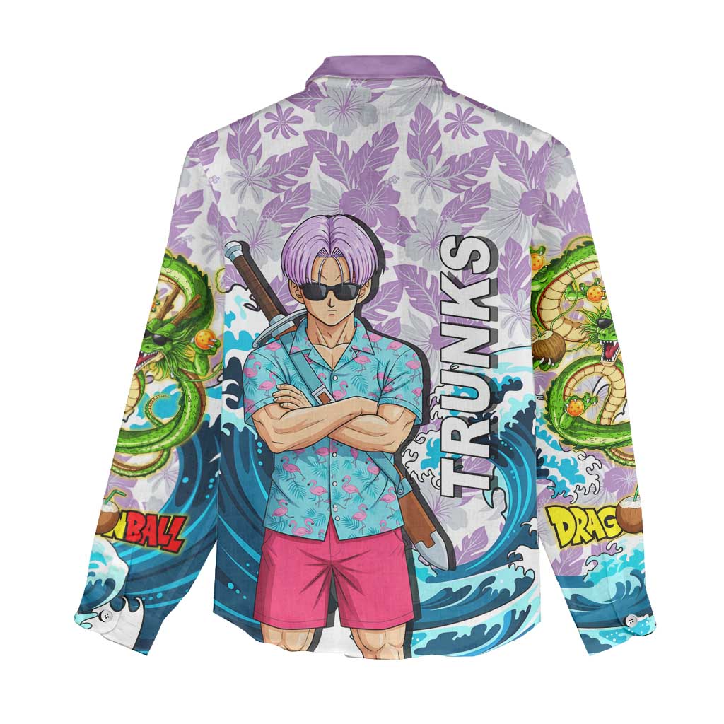 Trunks Dragon Ball Summer Theme Women Casual Shirt with Sword Floral Shirt Sunglasses Shenron and Ocean Wave Background - The Mazicc