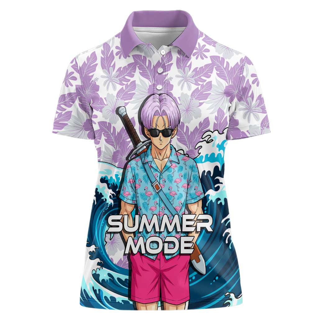 Trunks Dragon Ball Summer Theme Women Polo Shirt with Sword Floral Shirt Sunglasses Shenron and Ocean Wave Background - The Mazicc