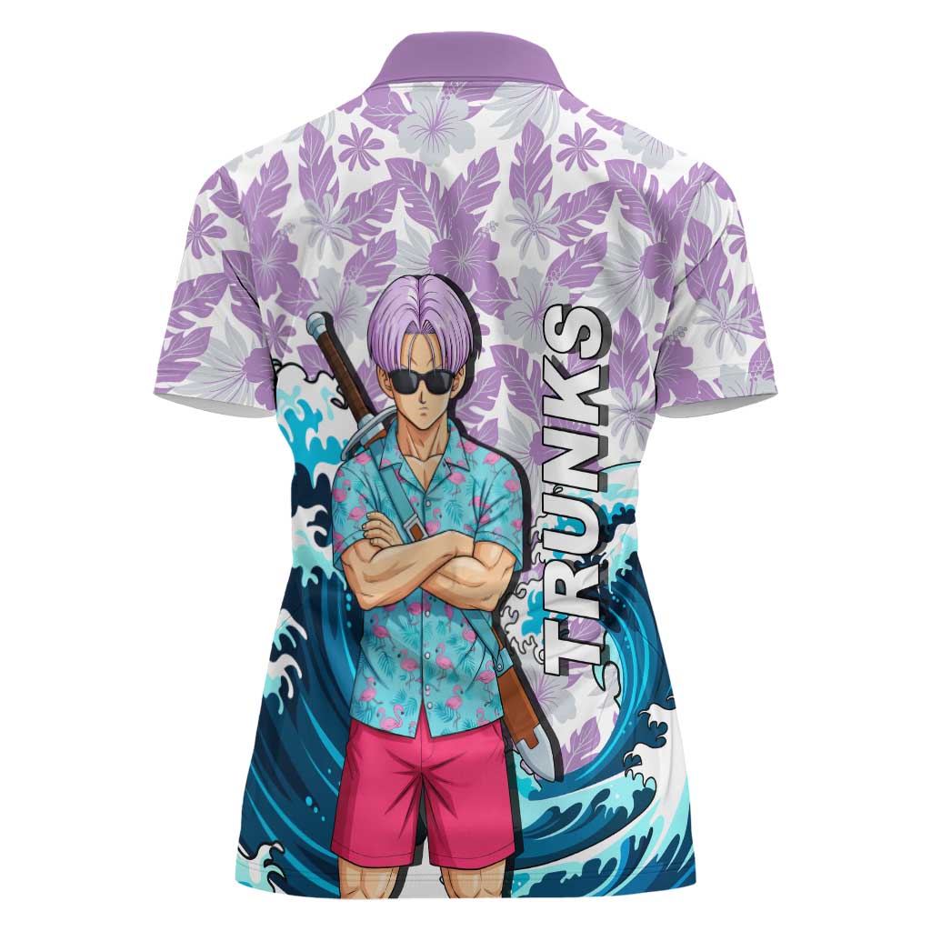 Trunks Dragon Ball Summer Theme Women Polo Shirt with Sword Floral Shirt Sunglasses Shenron and Ocean Wave Background - The Mazicc