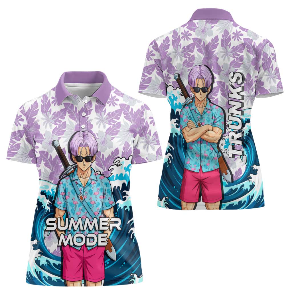 Trunks Dragon Ball Summer Theme Women Polo Shirt with Sword Floral Shirt Sunglasses Shenron and Ocean Wave Background - The Mazicc