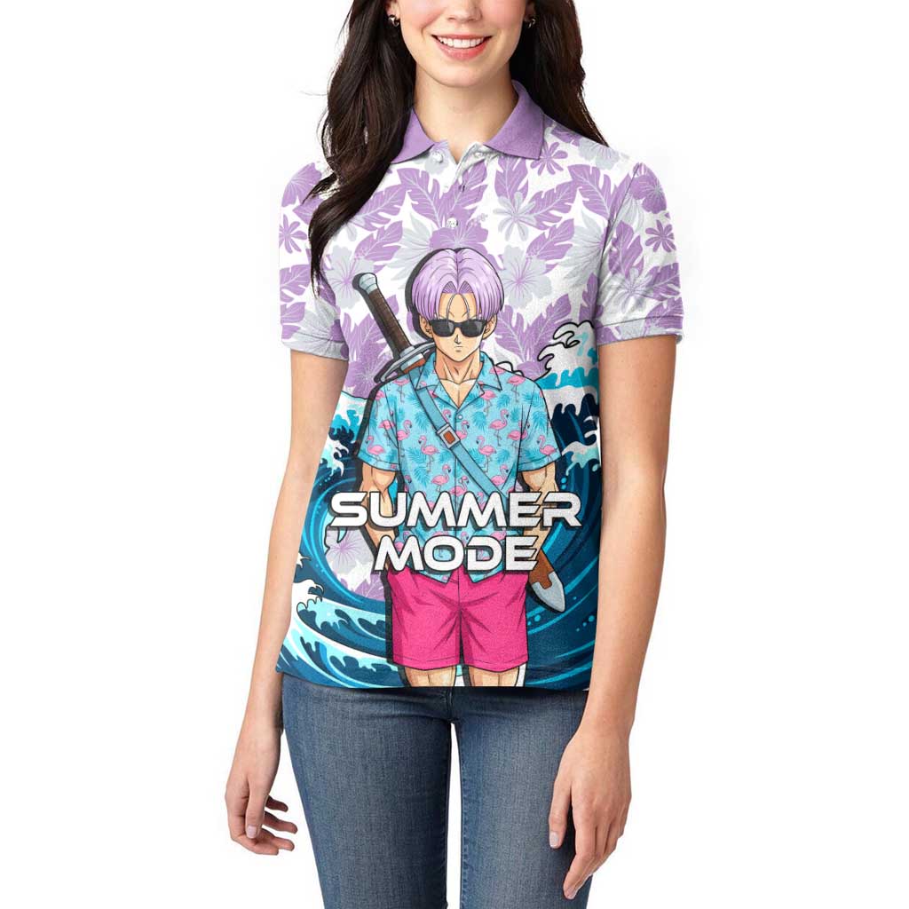 Trunks Dragon Ball Summer Theme Women Polo Shirt with Sword Floral Shirt Sunglasses Shenron and Ocean Wave Background - The Mazicc
