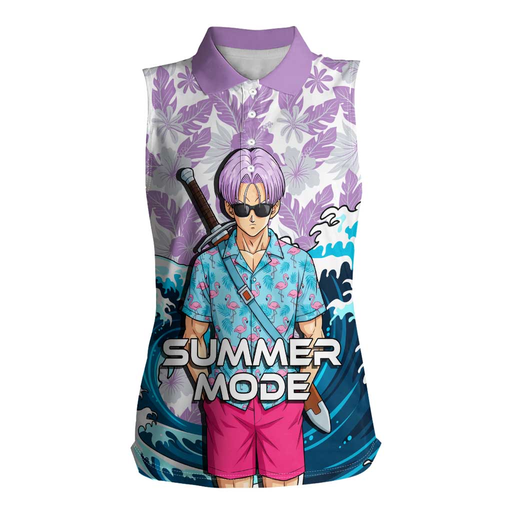 Trunks Dragon Ball Summer Theme Women Sleeveless Polo Shirt with Sword Floral Shirt Sunglasses Shenron and Ocean Wave Background - The Mazicc