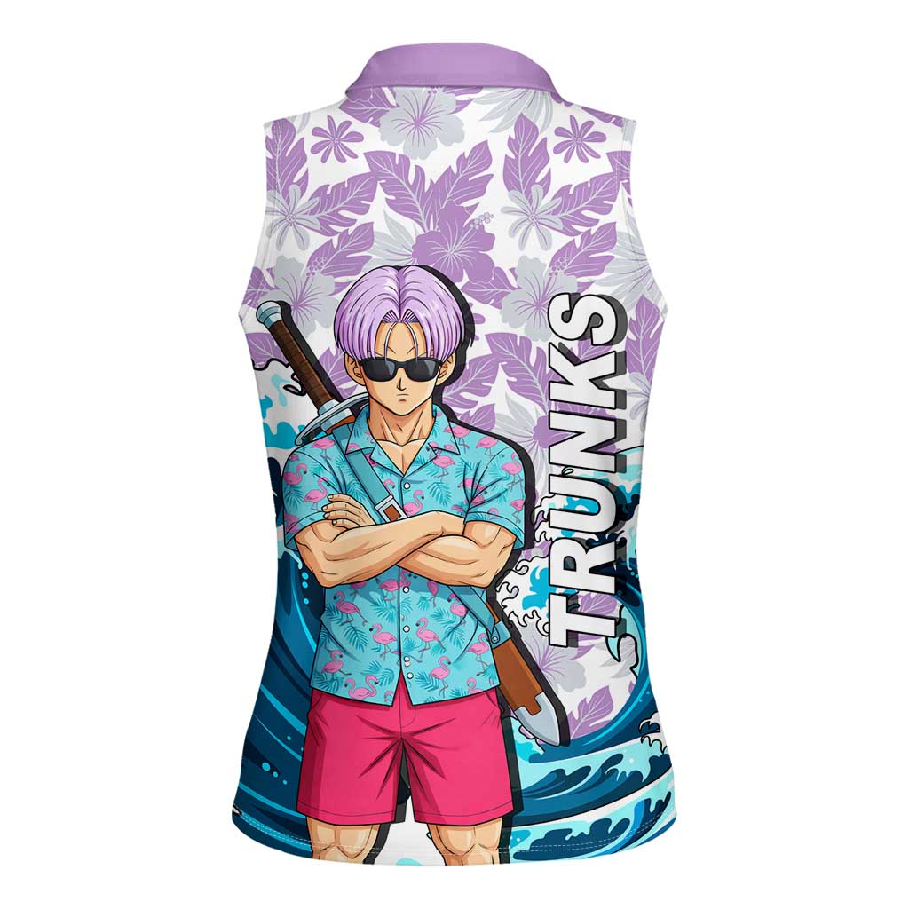 Trunks Dragon Ball Summer Theme Women Sleeveless Polo Shirt with Sword Floral Shirt Sunglasses Shenron and Ocean Wave Background - The Mazicc
