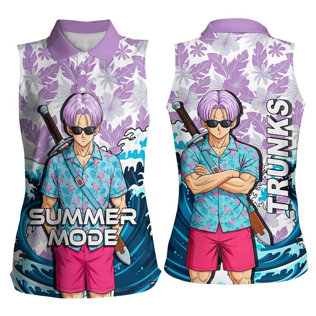 Trunks Dragon Ball Summer Theme Women Sleeveless Polo Shirt with Sword Floral Shirt Sunglasses Shenron and Ocean Wave Background - The Mazicc