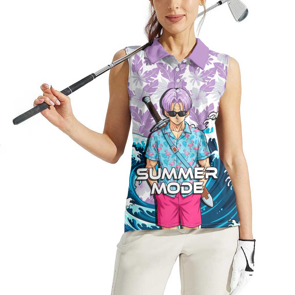 Trunks Dragon Ball Summer Theme Women Sleeveless Polo Shirt with Sword Floral Shirt Sunglasses Shenron and Ocean Wave Background - The Mazicc
