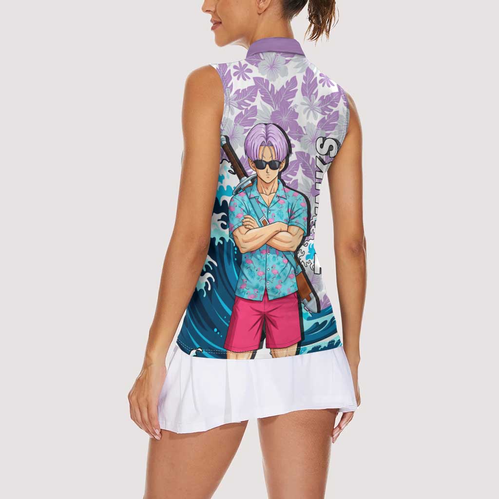 Trunks Dragon Ball Summer Theme Women Sleeveless Polo Shirt with Sword Floral Shirt Sunglasses Shenron and Ocean Wave Background - The Mazicc