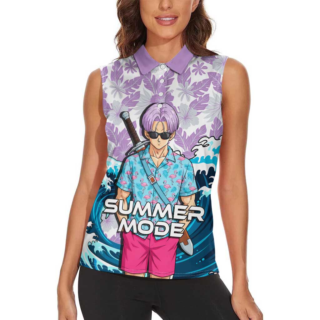 Trunks Dragon Ball Summer Theme Women Sleeveless Polo Shirt with Sword Floral Shirt Sunglasses Shenron and Ocean Wave Background - The Mazicc