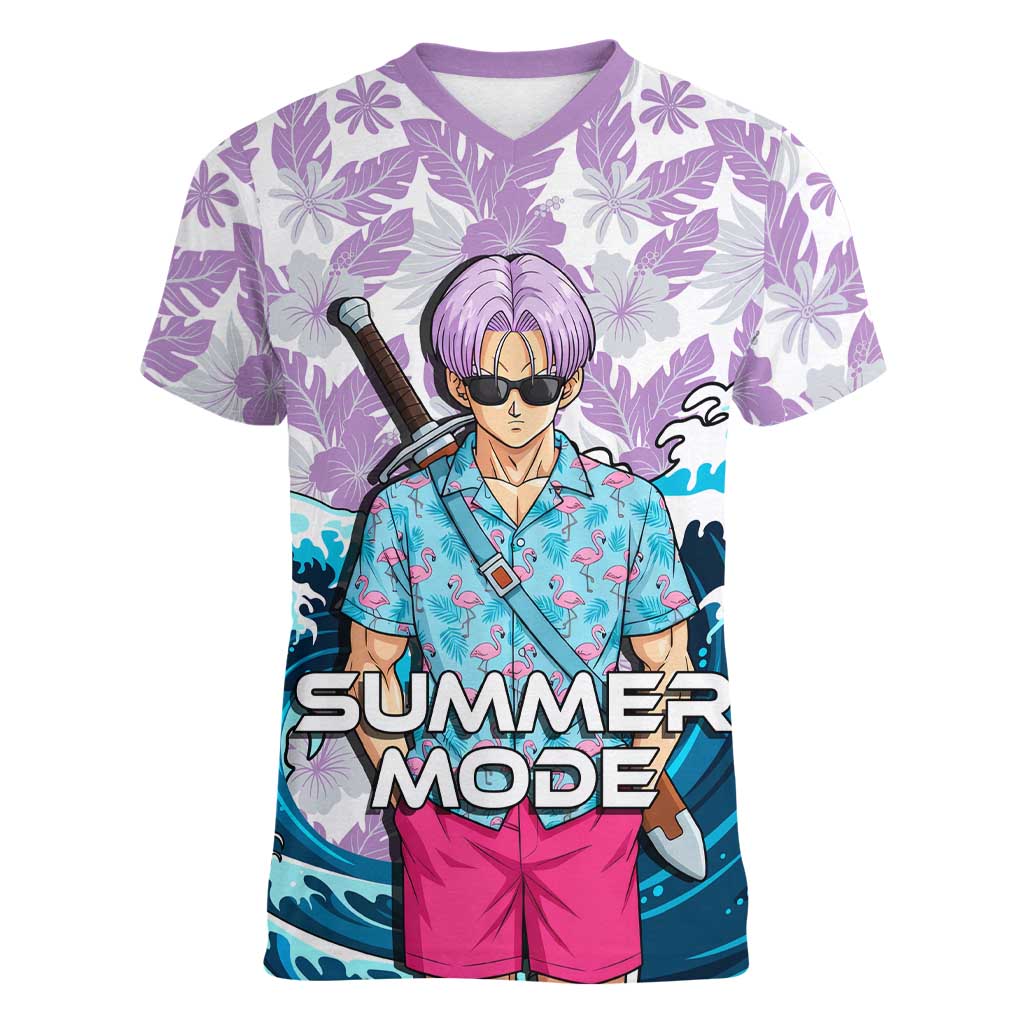 Trunks Dragon Ball Summer Theme Women V-Neck T-Shirt with Sword Floral Shirt Sunglasses Shenron and Ocean Wave Background - The Mazicc