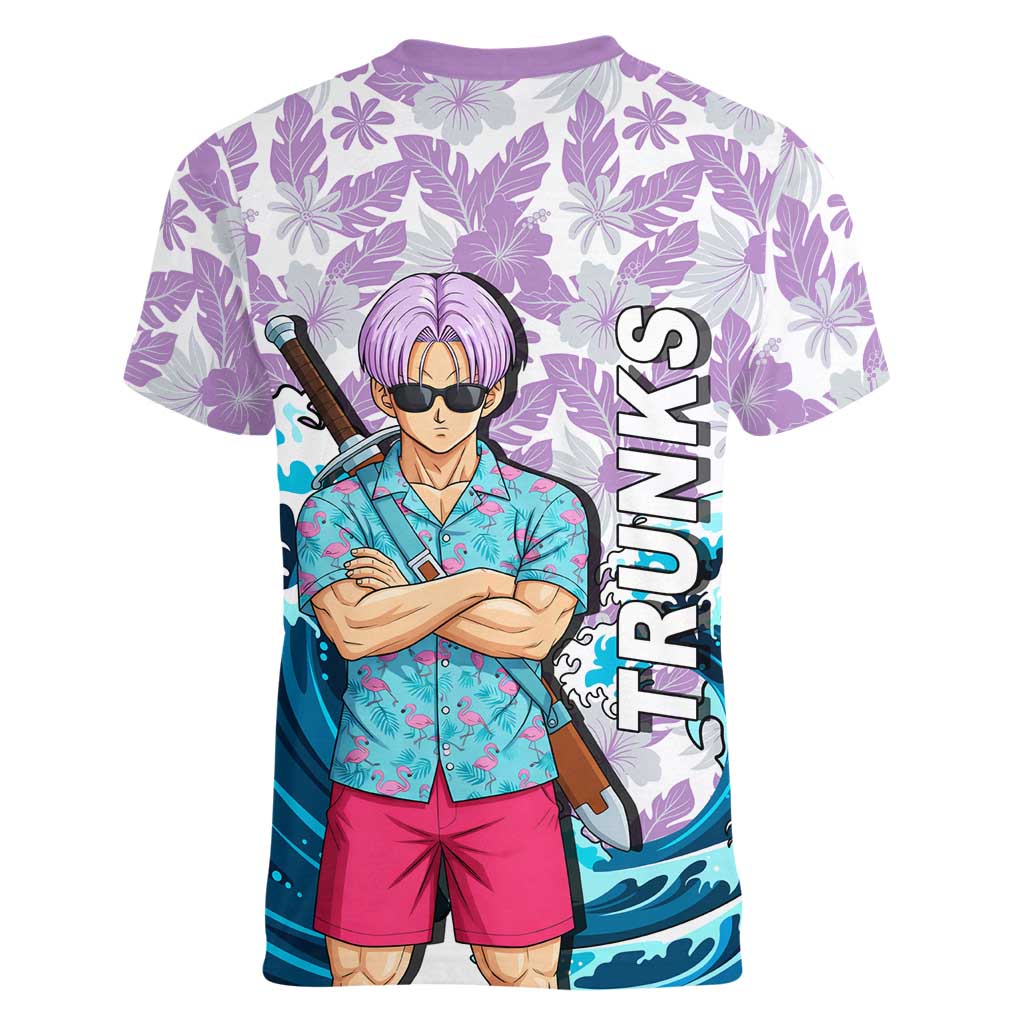Trunks Dragon Ball Summer Theme Women V-Neck T-Shirt with Sword Floral Shirt Sunglasses Shenron and Ocean Wave Background - The Mazicc
