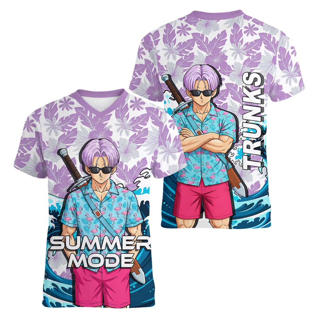 Trunks Dragon Ball Summer Theme Women V-Neck T-Shirt with Sword Floral Shirt Sunglasses Shenron and Ocean Wave Background - The Mazicc