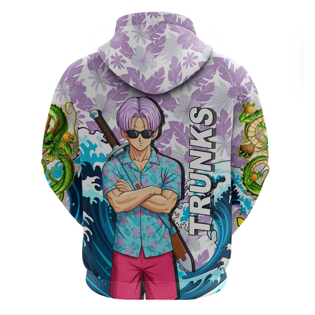 Trunks Dragon Ball Summer Theme Zip Hoodie with Sword Floral Shirt Sunglasses Shenron and Ocean Wave Background - The Mazicc