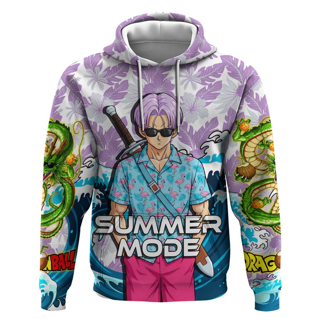 Trunks Dragon Ball Summer Theme Zip Hoodie with Sword Floral Shirt Sunglasses Shenron and Ocean Wave Background - The Mazicc