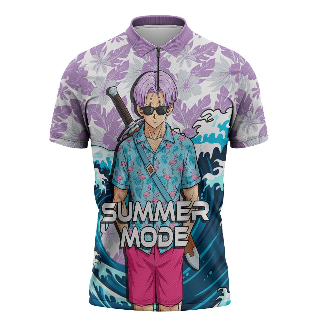 Trunks Dragon Ball Summer Theme Zipper Polo Shirt with Sword Floral Shirt Sunglasses Shenron and Ocean Wave Background - The Mazicc