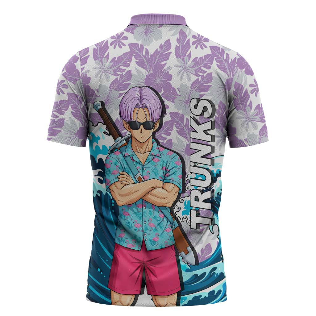 Trunks Dragon Ball Summer Theme Zipper Polo Shirt with Sword Floral Shirt Sunglasses Shenron and Ocean Wave Background - The Mazicc