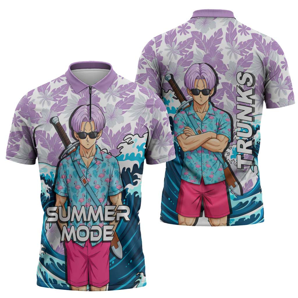 Trunks Dragon Ball Summer Theme Zipper Polo Shirt with Sword Floral Shirt Sunglasses Shenron and Ocean Wave Background - The Mazicc