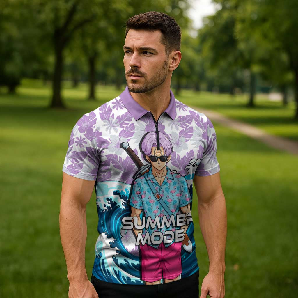 Trunks Dragon Ball Summer Theme Zipper Polo Shirt with Sword Floral Shirt Sunglasses Shenron and Ocean Wave Background - The Mazicc