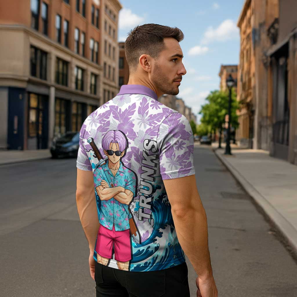 Trunks Dragon Ball Summer Theme Zipper Polo Shirt with Sword Floral Shirt Sunglasses Shenron and Ocean Wave Background - The Mazicc