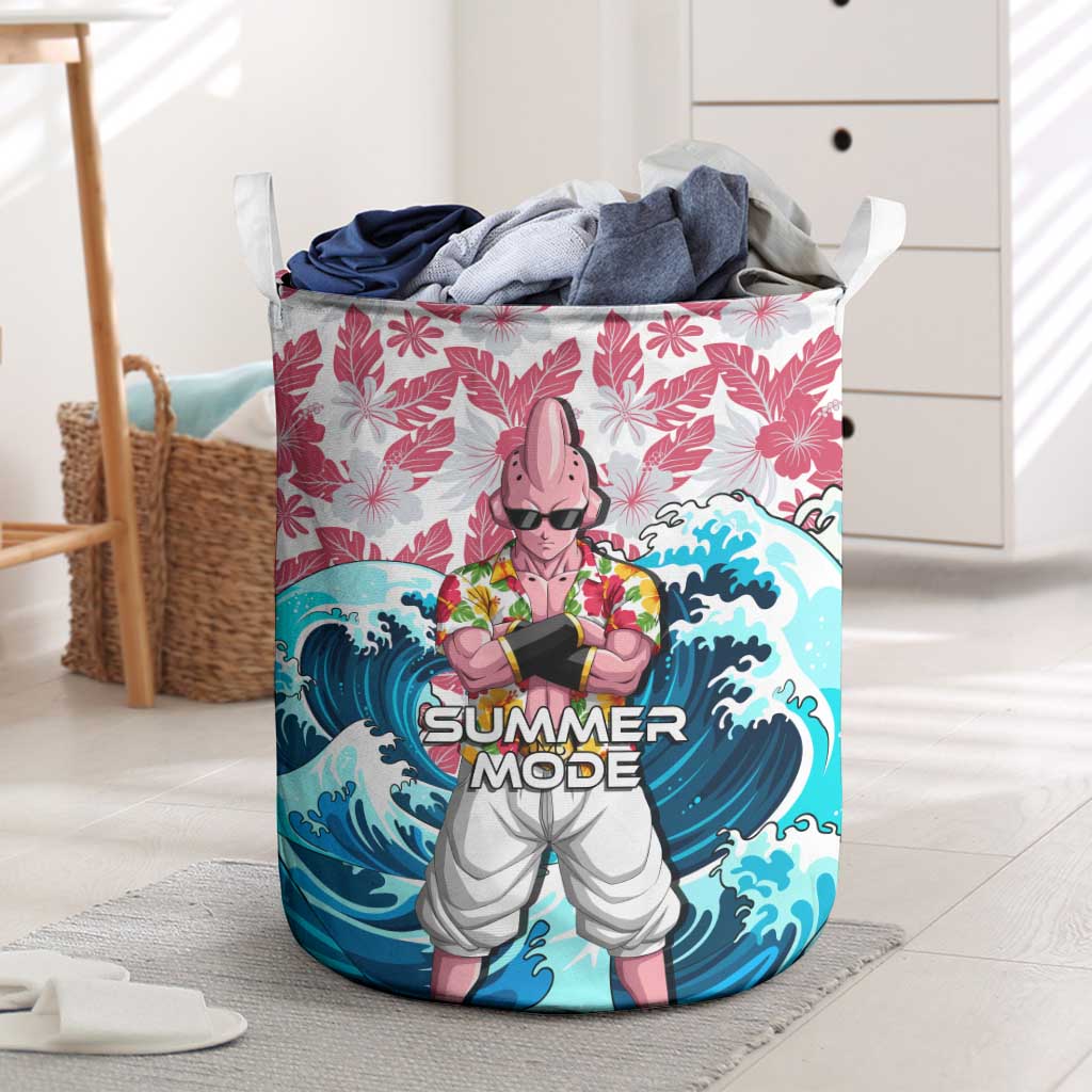 Majin Buu Dragon Ball Summer Theme Laundry Basket with Floral Shirt Sunglasses Shenron and Ocean Wave Background - The Mazicc