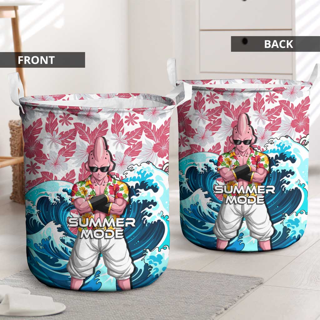 Majin Buu Dragon Ball Summer Theme Laundry Basket with Floral Shirt Sunglasses Shenron and Ocean Wave Background - The Mazicc