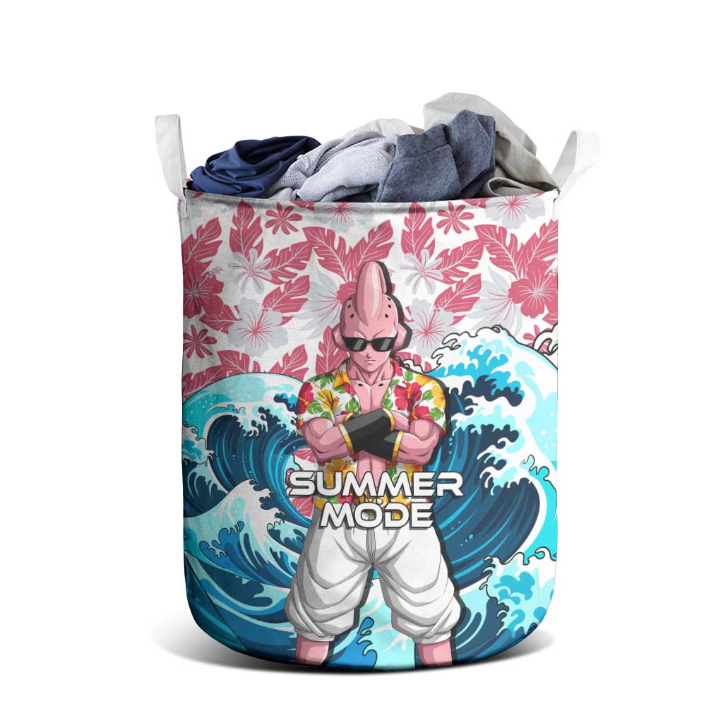 Majin Buu Dragon Ball Summer Theme Laundry Basket with Floral Shirt Sunglasses Shenron and Ocean Wave Background - The Mazicc