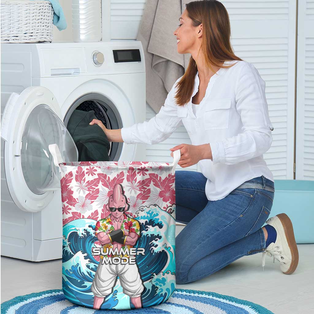 Majin Buu Dragon Ball Summer Theme Laundry Basket with Floral Shirt Sunglasses Shenron and Ocean Wave Background - The Mazicc