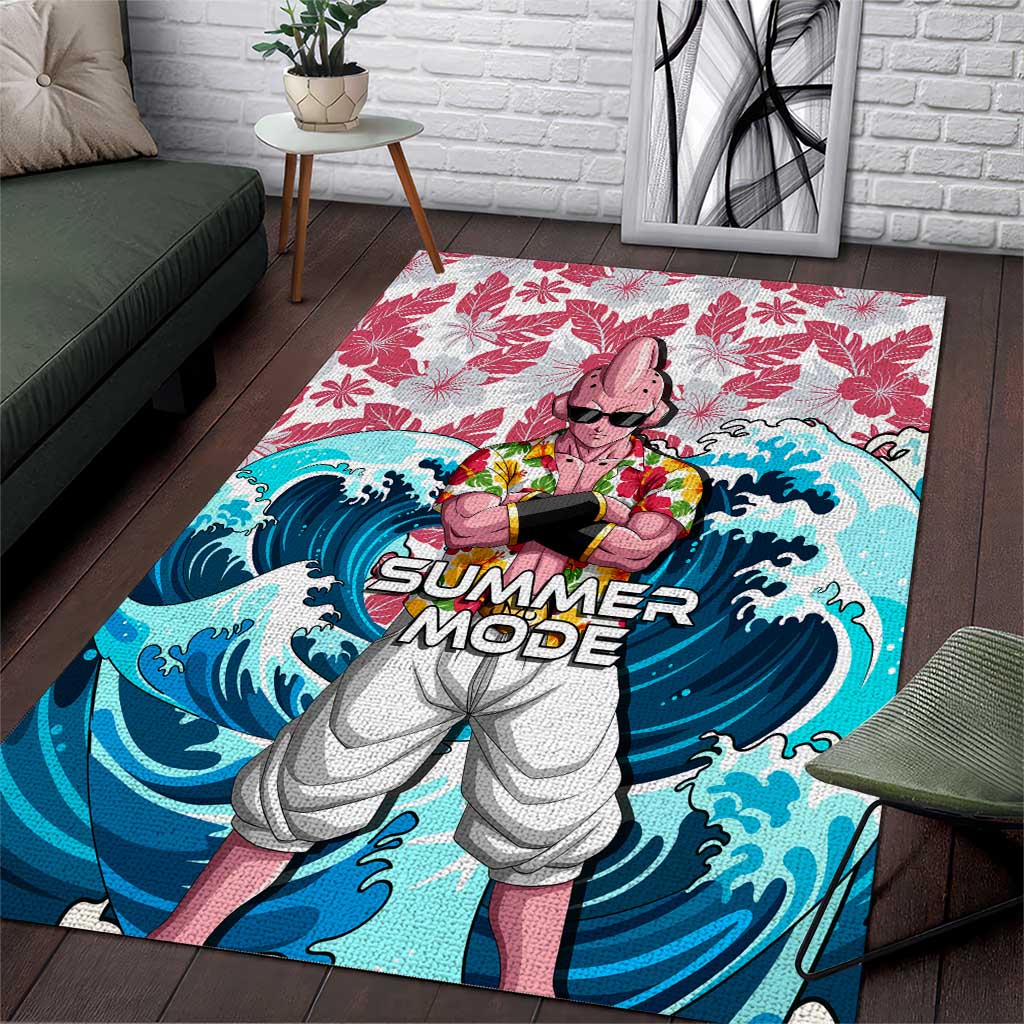 Majin Buu Dragon Ball Summer Theme Area Rug with Floral Shirt Sunglasses Shenron and Ocean Wave Background - The Mazicc