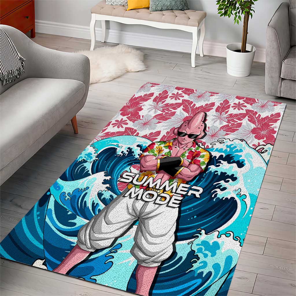 Majin Buu Dragon Ball Summer Theme Area Rug with Floral Shirt Sunglasses Shenron and Ocean Wave Background - The Mazicc