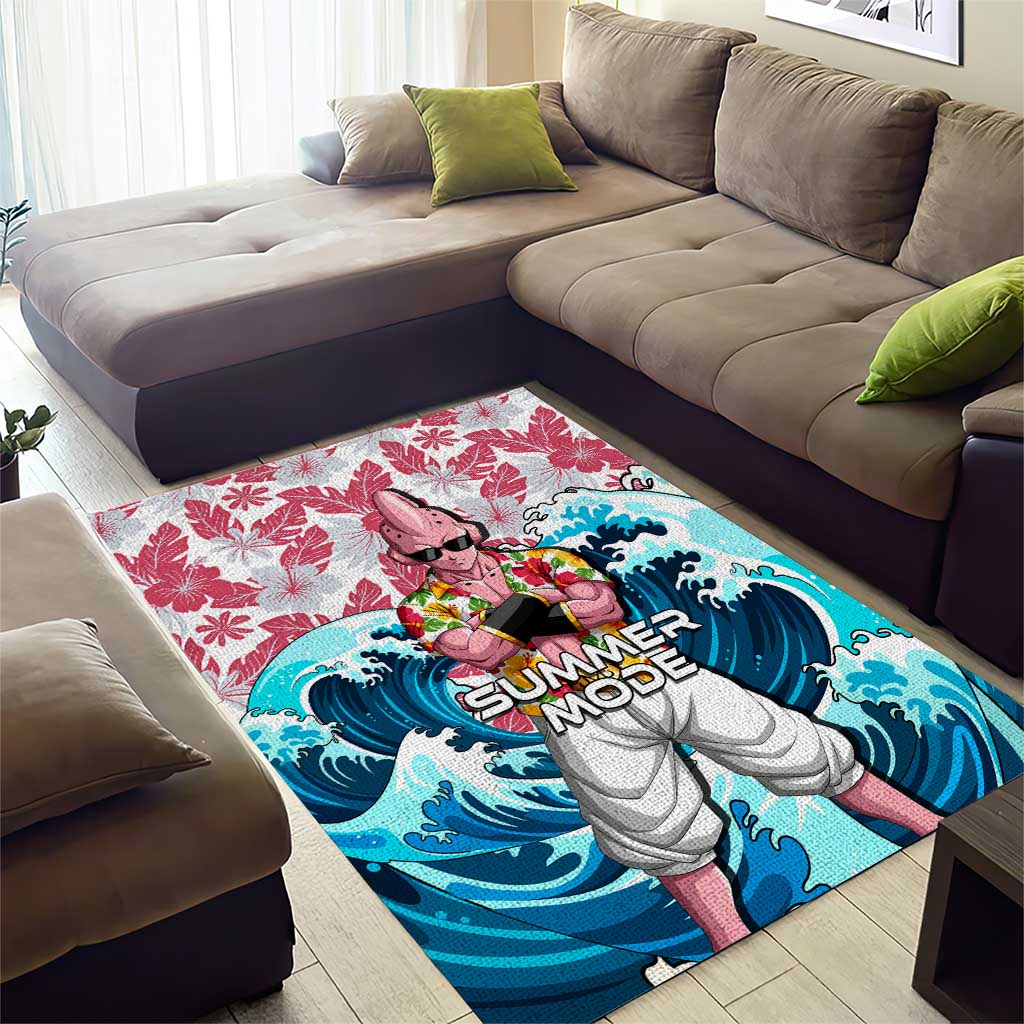 Majin Buu Dragon Ball Summer Theme Area Rug with Floral Shirt Sunglasses Shenron and Ocean Wave Background - The Mazicc