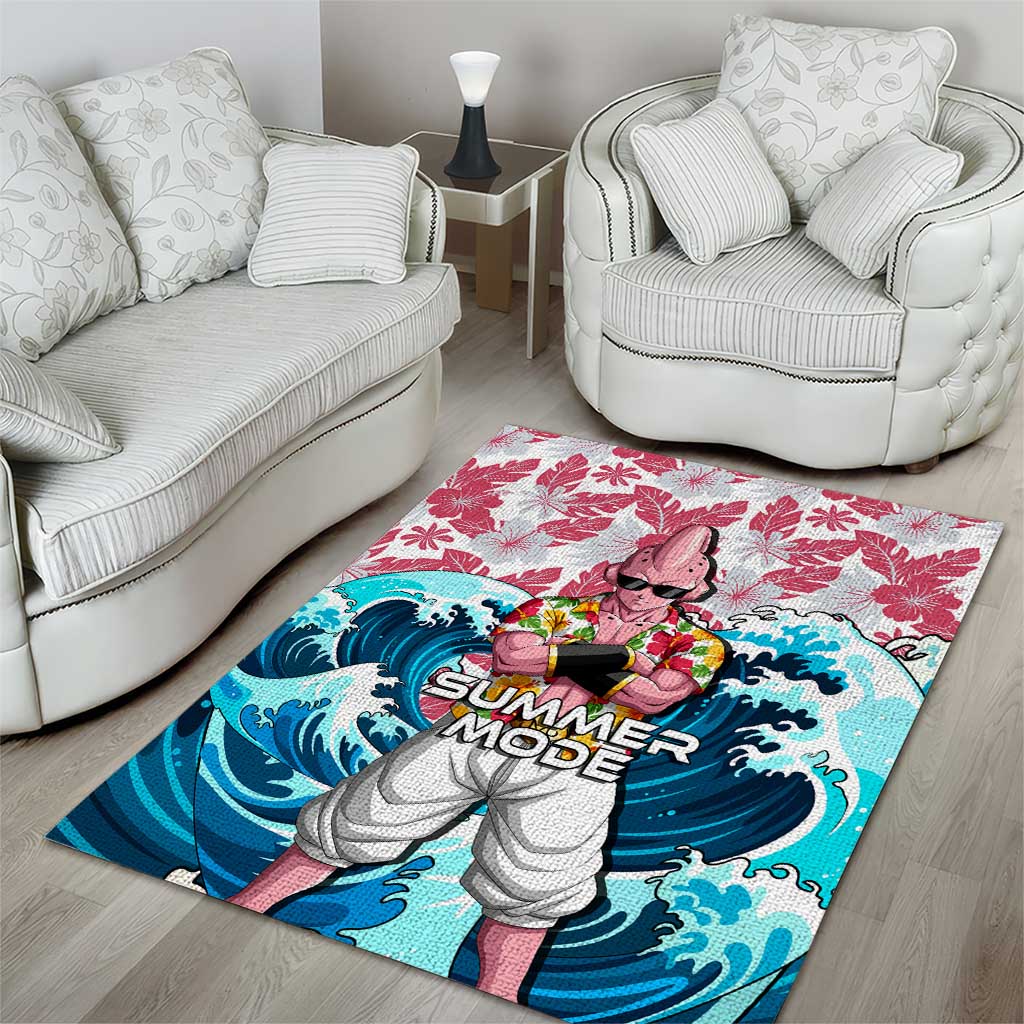 Majin Buu Dragon Ball Summer Theme Area Rug with Floral Shirt Sunglasses Shenron and Ocean Wave Background - The Mazicc