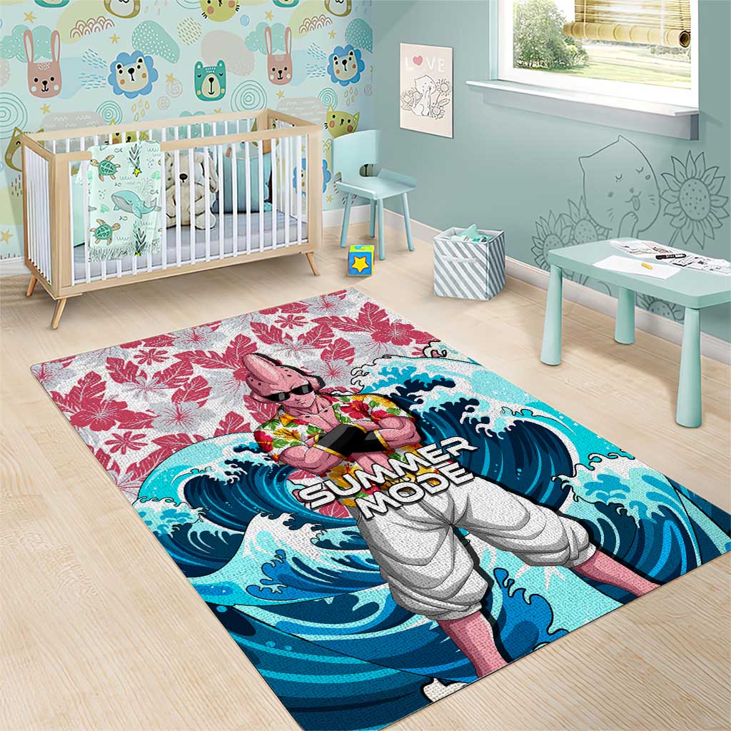 Majin Buu Dragon Ball Summer Theme Area Rug with Floral Shirt Sunglasses Shenron and Ocean Wave Background - The Mazicc